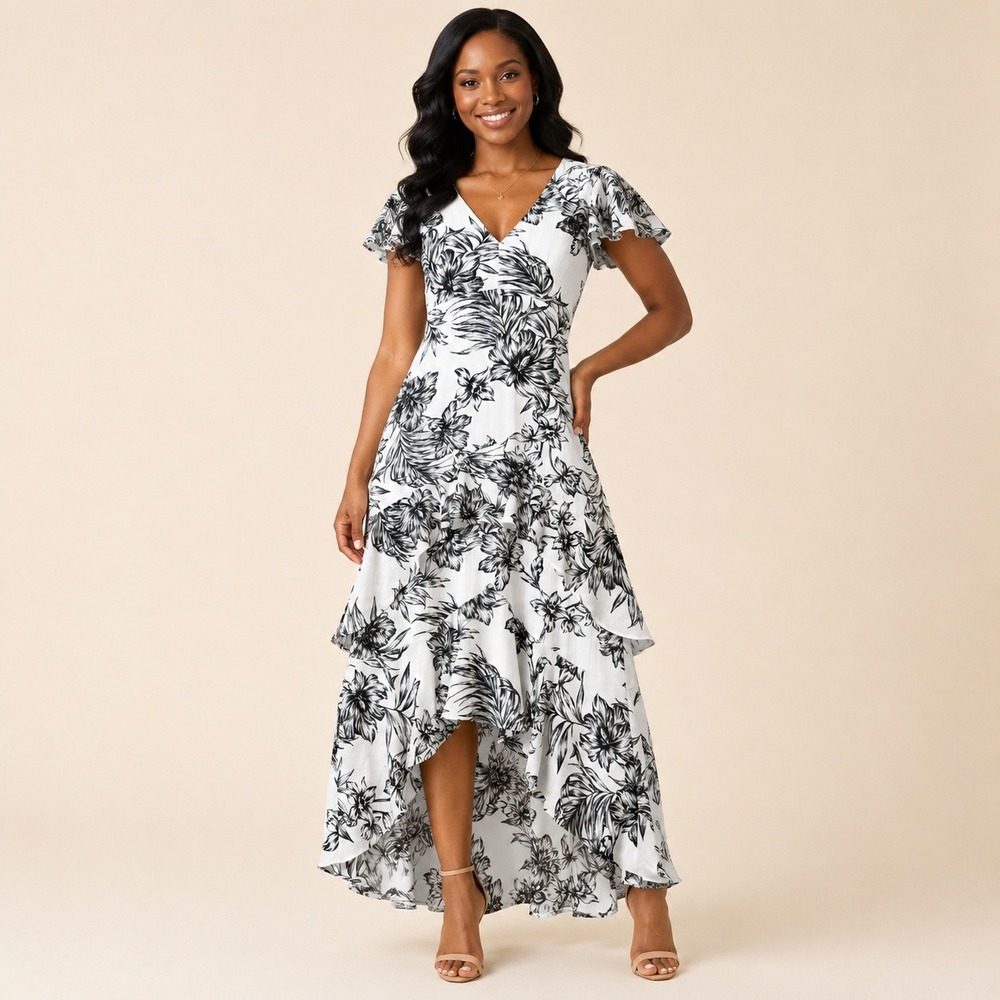 Christian Siriano New York Dress Womens 12 Black White Floral High Low Maxi